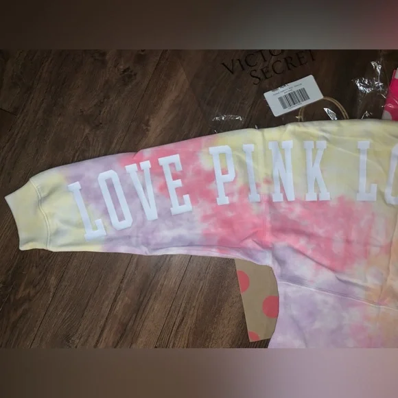 NEW VS PINK Pastel Tie Dye Quarter Zip Logo Varsity Sweatshirt. - Picture 2 of 11